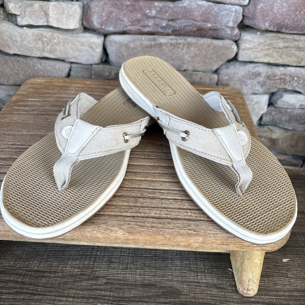 Sperry Top Sider Sandals Womens 10 Flip Flop Thong Beige Leather/Canvas Slip On